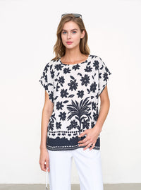 White & Black Floral Print Oversized Blouse Lightweight Casual Summer Cotton Rich Top