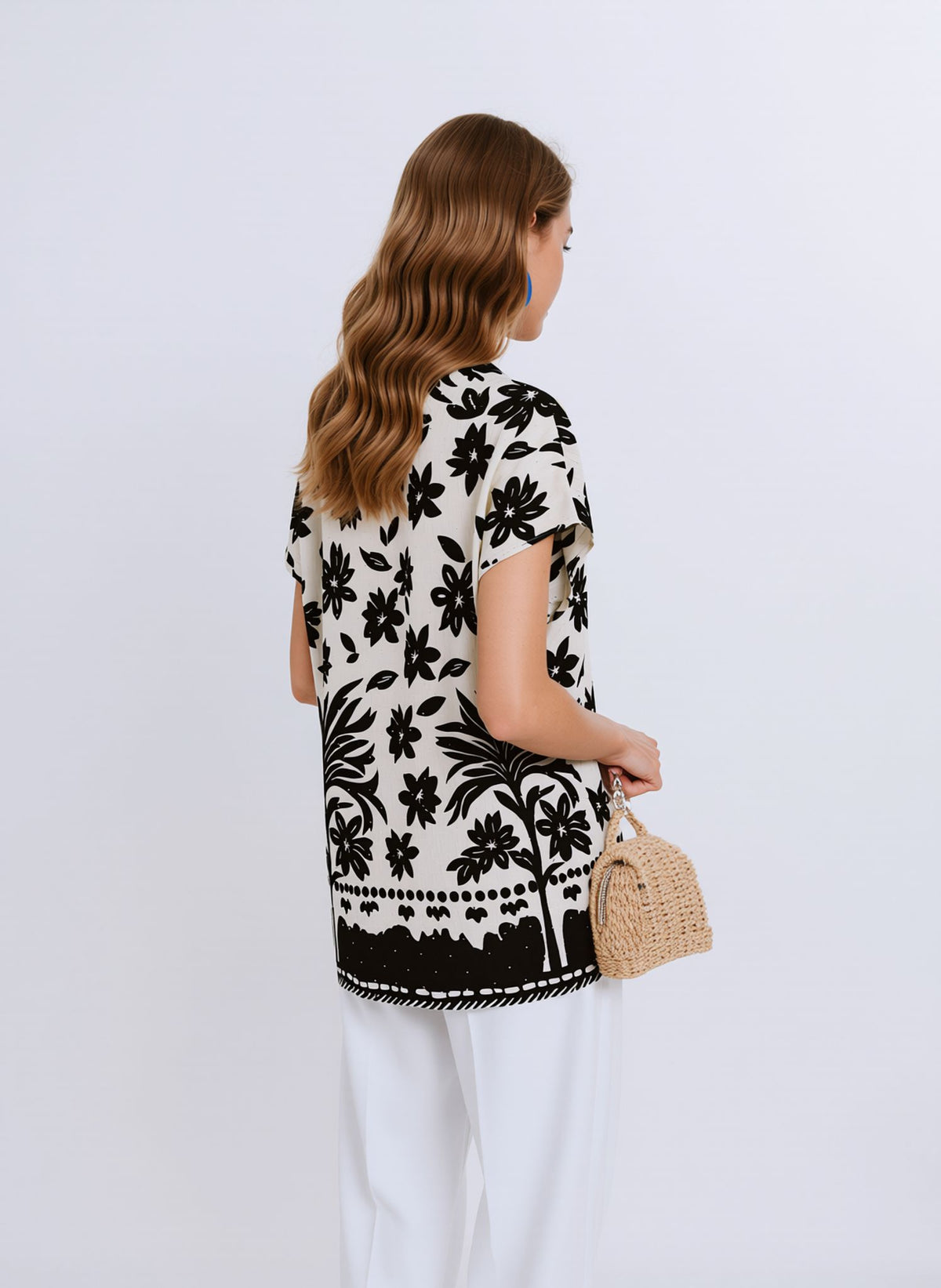 White & Black Floral Print Oversized Blouse Lightweight Casual Summer Cotton Rich Top