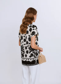 White & Black Floral Print Oversized Blouse Lightweight Casual Summer Cotton Rich Top