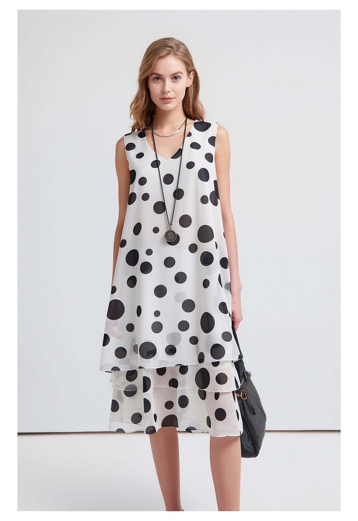 White & Black Polka Dot Sleeveless Midi Layered Chiffon A-Line V-Neck Casual Party Dress