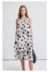 White & Black Polka Dot Sleeveless Midi Layered Chiffon A-Line V-Neck Casual Party Dress