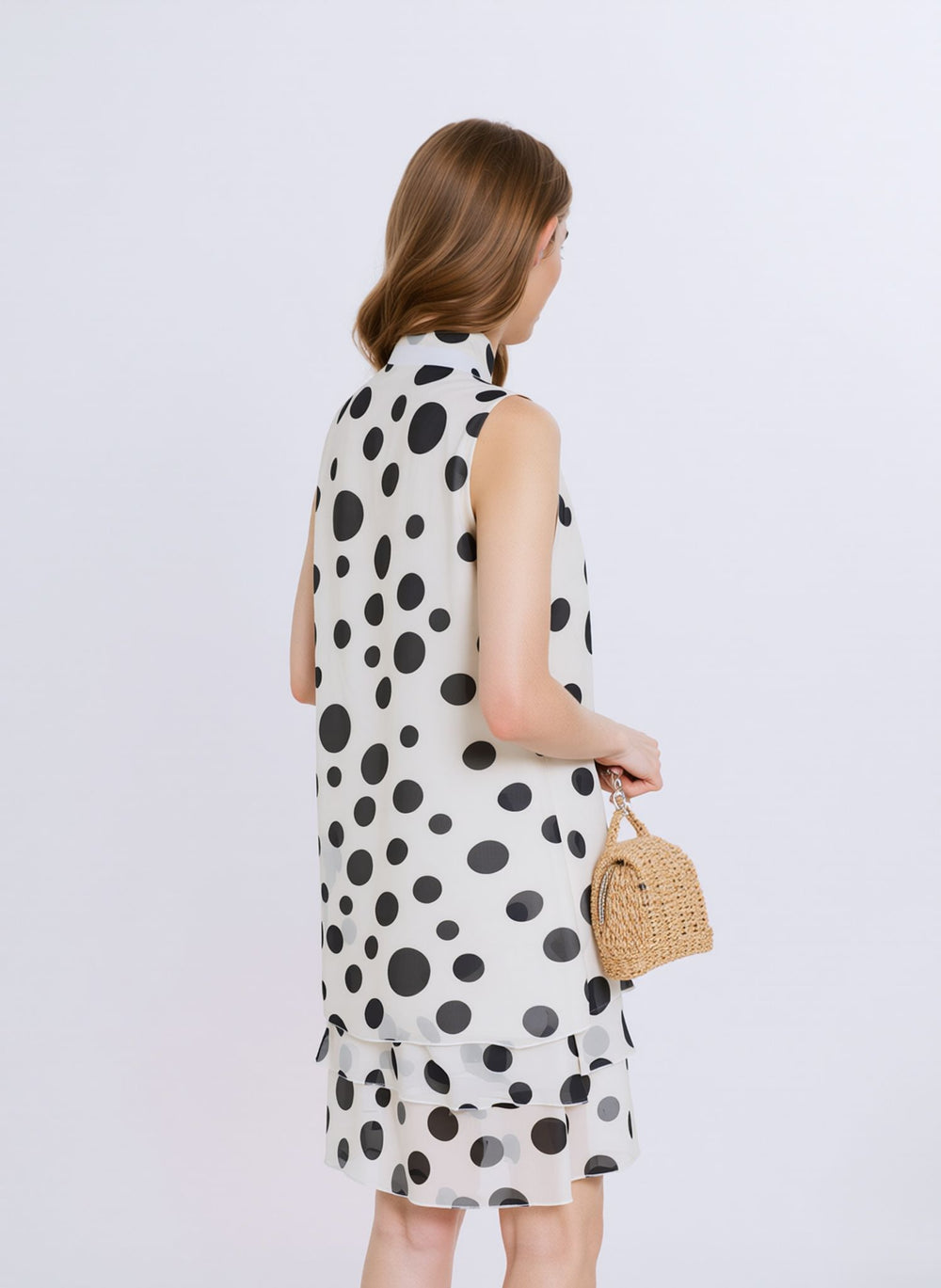 White & Black Polka Dot Sleeveless Midi Layered Chiffon A-Line V-Neck Casual Party Dress