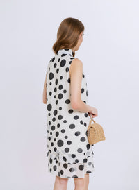 White & Black Polka Dot Sleeveless Midi Layered Chiffon A-Line V-Neck Casual Party Dress