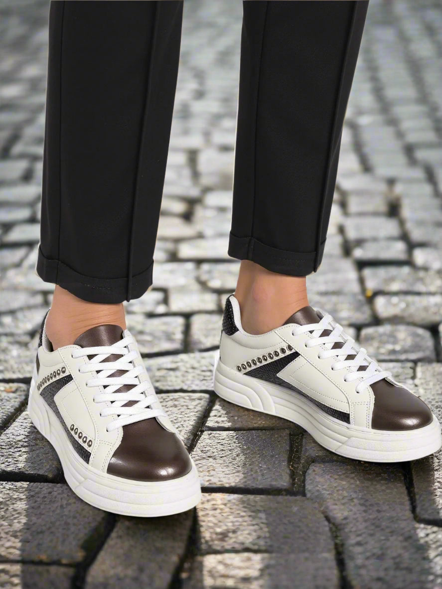 White & Black Studded Lace-Up Trainers