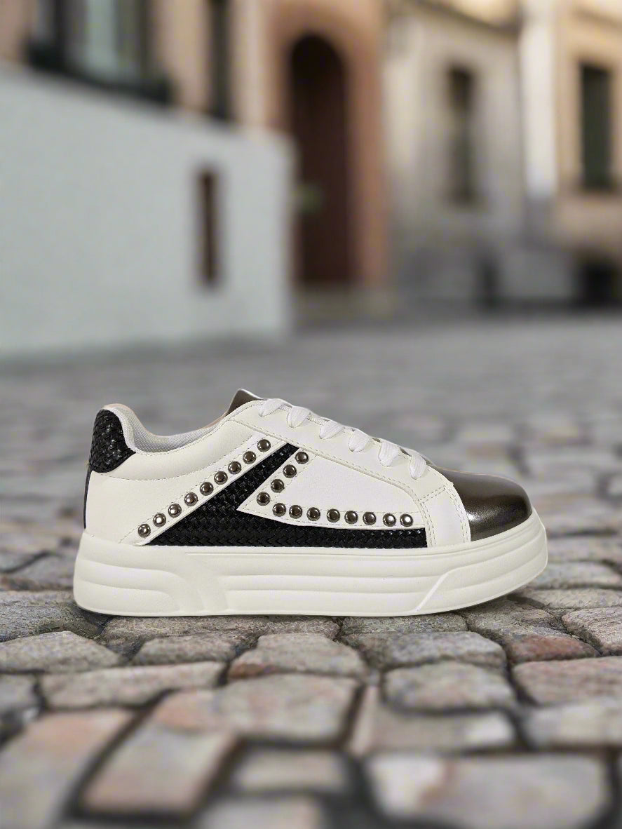 White & Black Studded Lace-Up Trainers