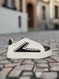 White & Black Studded Lace-Up Trainers