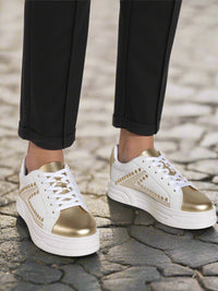 White & Gold Studded Lace-Up Trainers