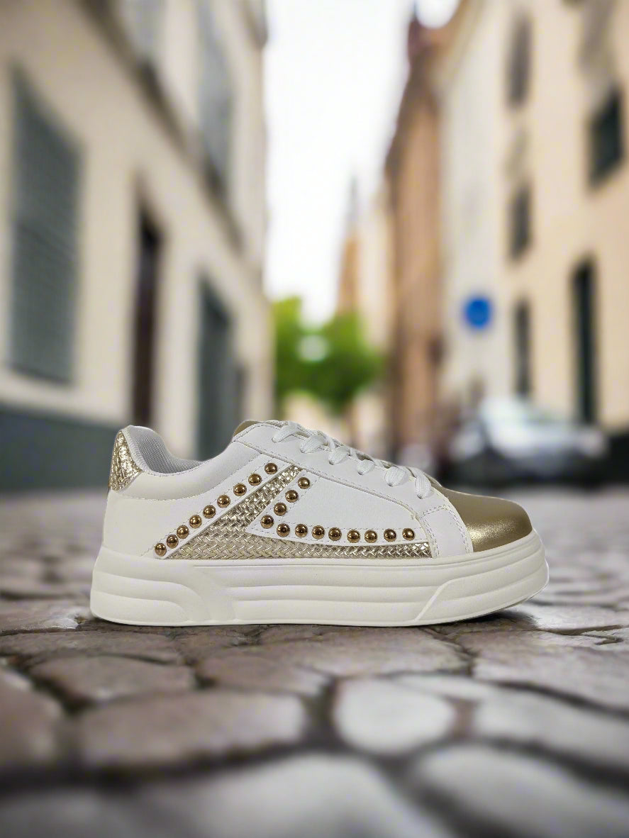 White & Gold Studded Lace-Up Trainers