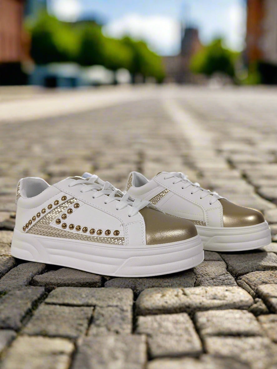 White & Gold Studded Lace-Up Trainers