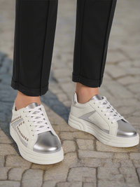 White & Silver Studded Lace-Up Trainers