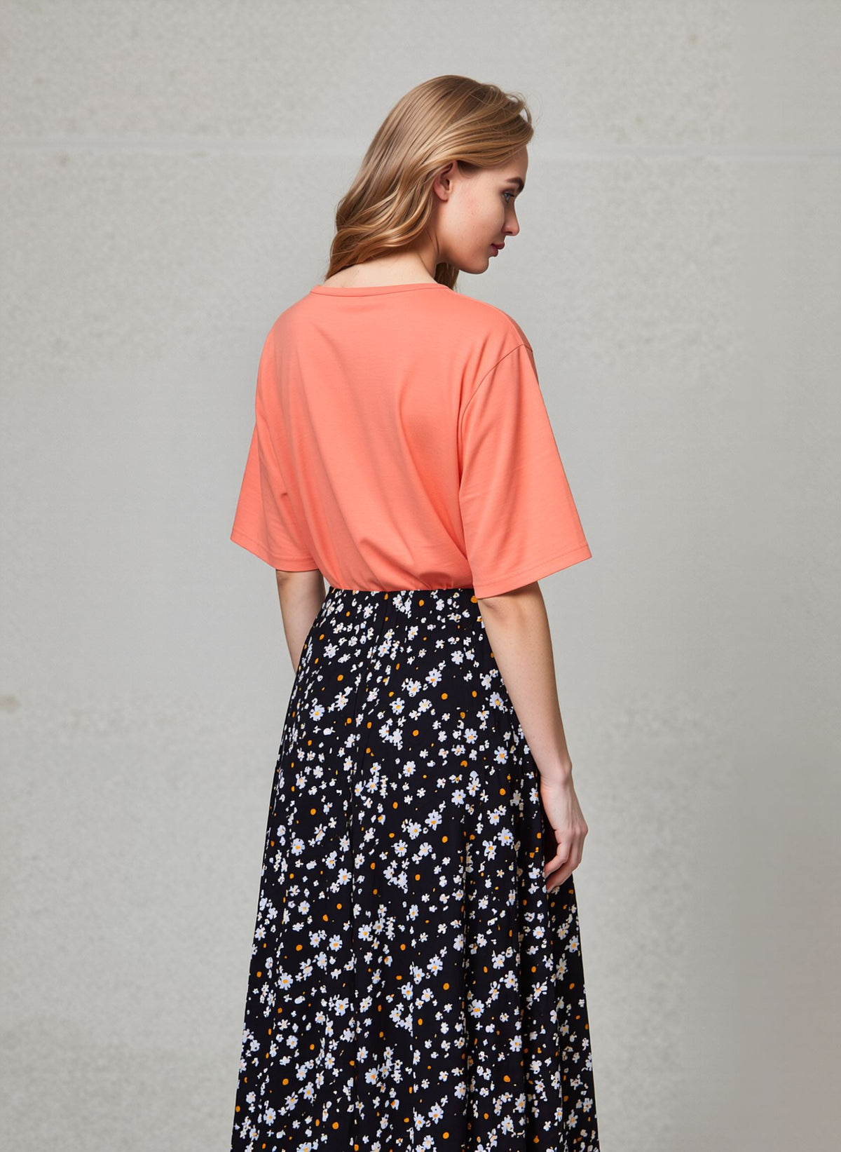 White & Yellow Flower Pattern Midi Skirt Elegant Women’s Pull-On Skirt