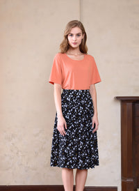 White & Yellow Flower Pattern Midi Skirt Elegant Women’s Pull-On Skirt