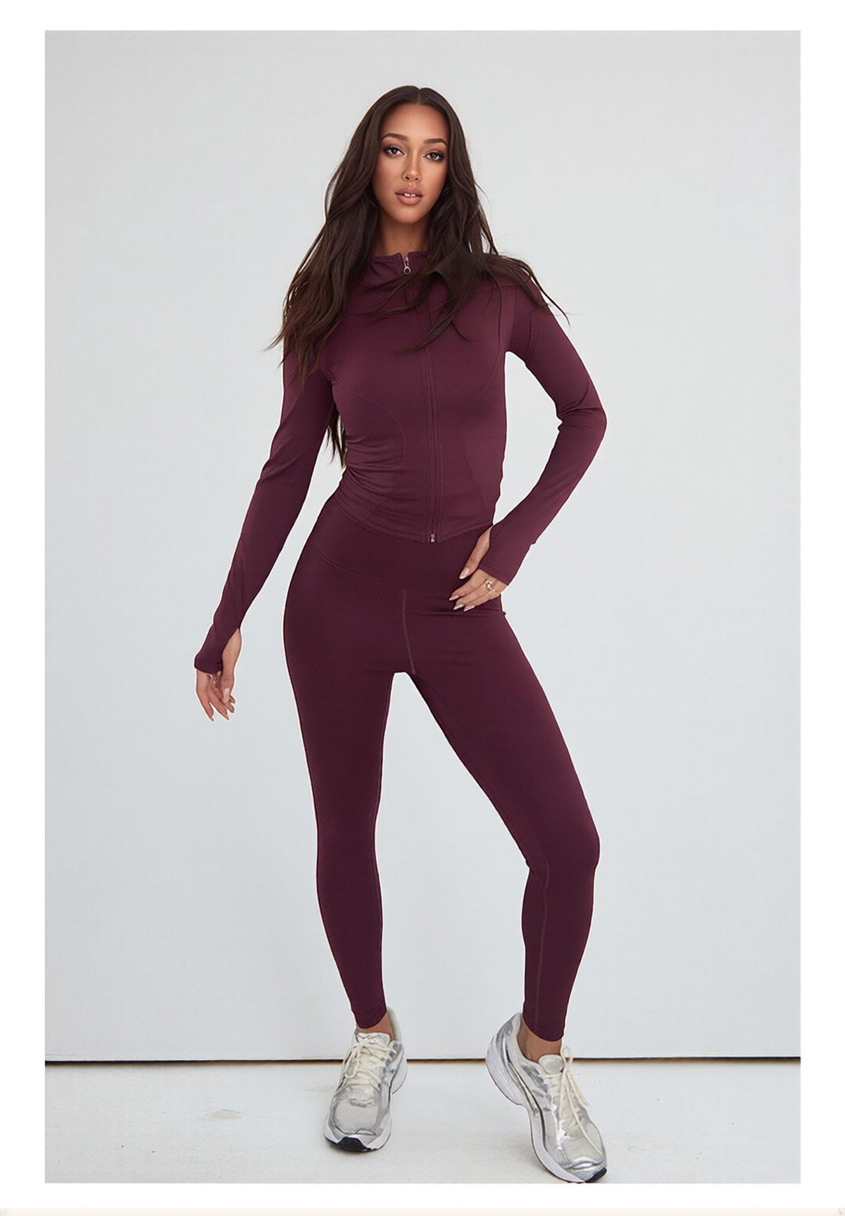Wine Buttery Soft Ruched Contour Sculpt Leggings and Sports Jacket Co-Ord