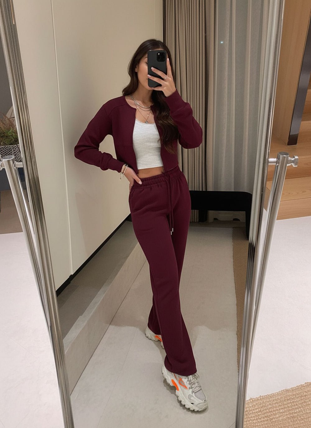 Wine Cropped Zip Up Sweatshirt & Wide Leg Joggers Loungewear Tracksuit