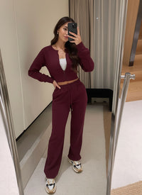 Wine Cropped Zip Up Sweatshirt & Wide Leg Joggers Loungewear Tracksuit