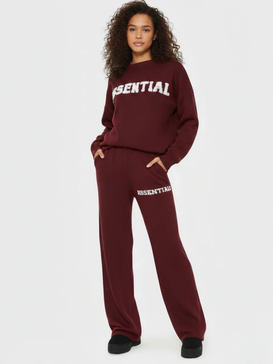 Wine Essential Logo Knitted Top & Wide Leg Trousers Co-ord