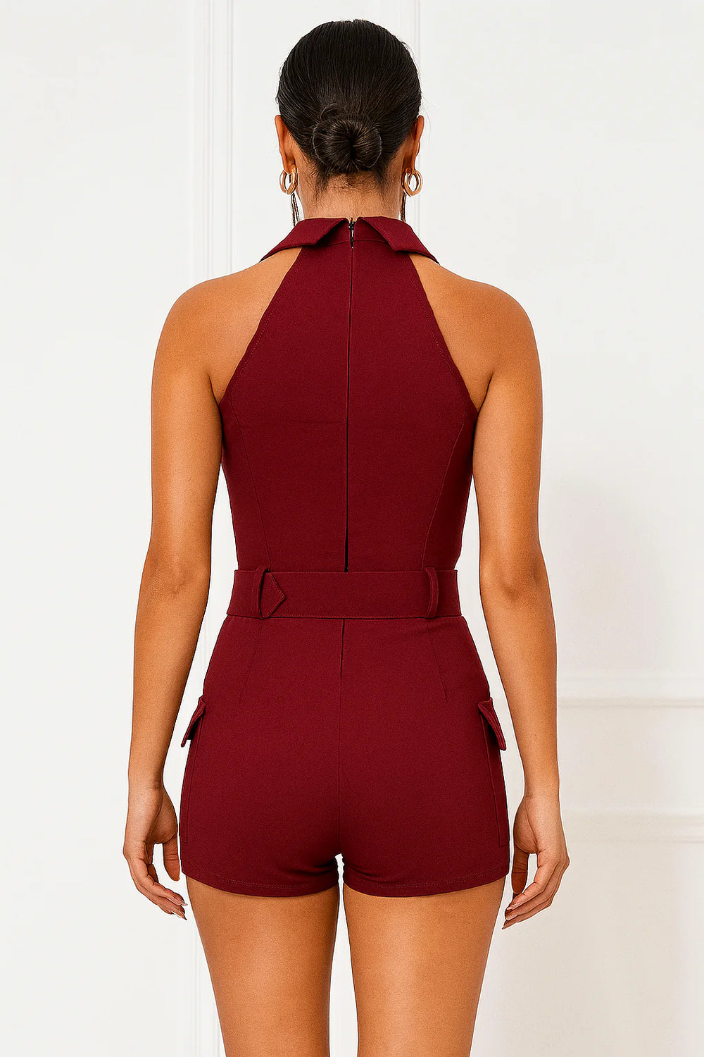 Wine Lace Up Front Cargo Playsuit With Belt