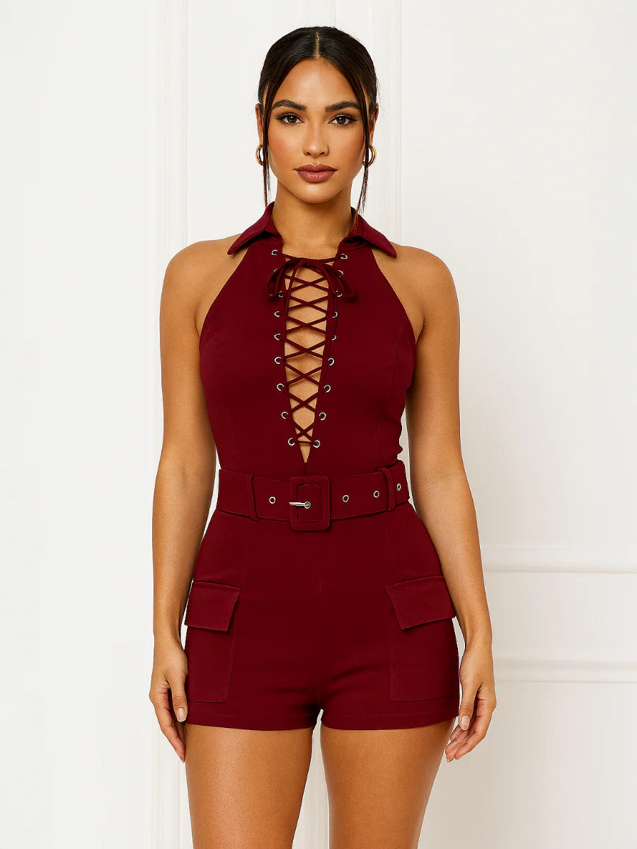 Wine Lace Up Front Cargo Playsuit With Belt
