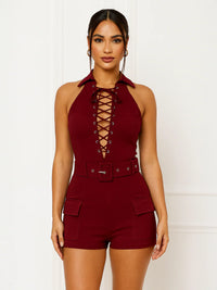 Wine Lace Up Front Cargo Playsuit With Belt