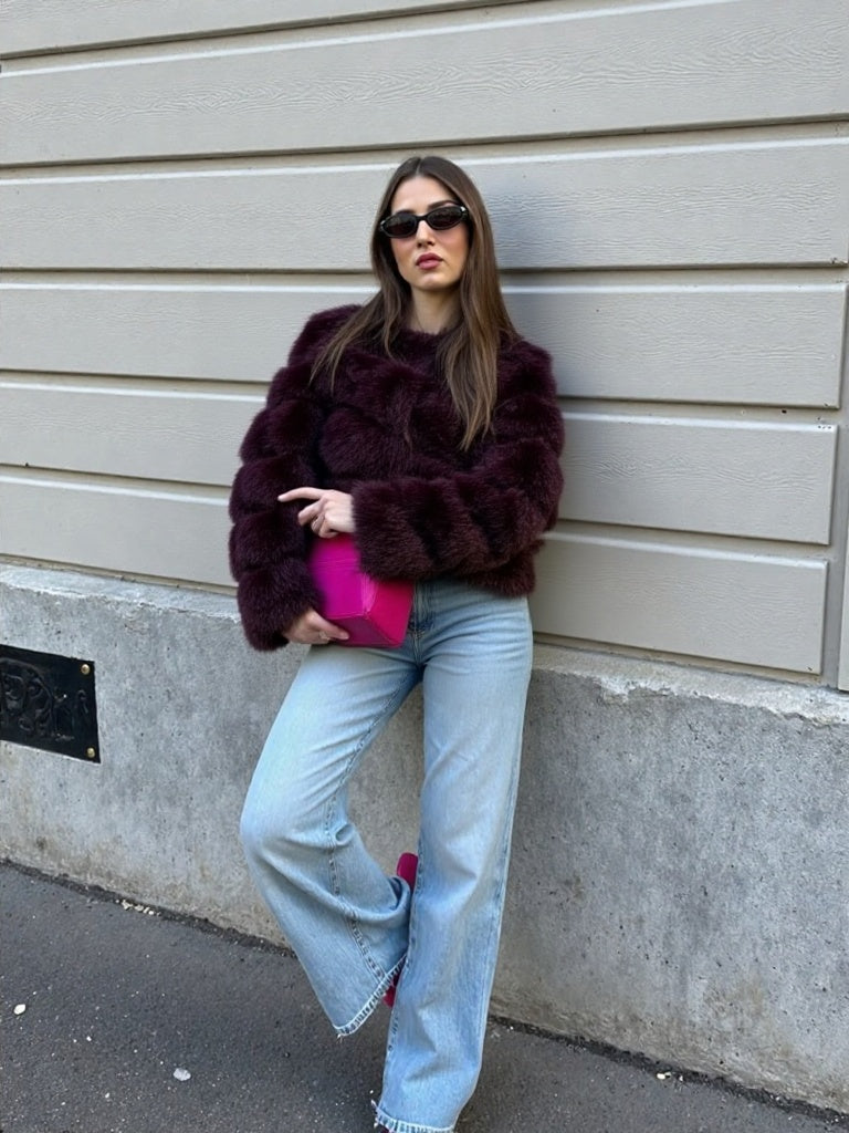 Wine Thick Faux Fur Paneled Layered Jacket