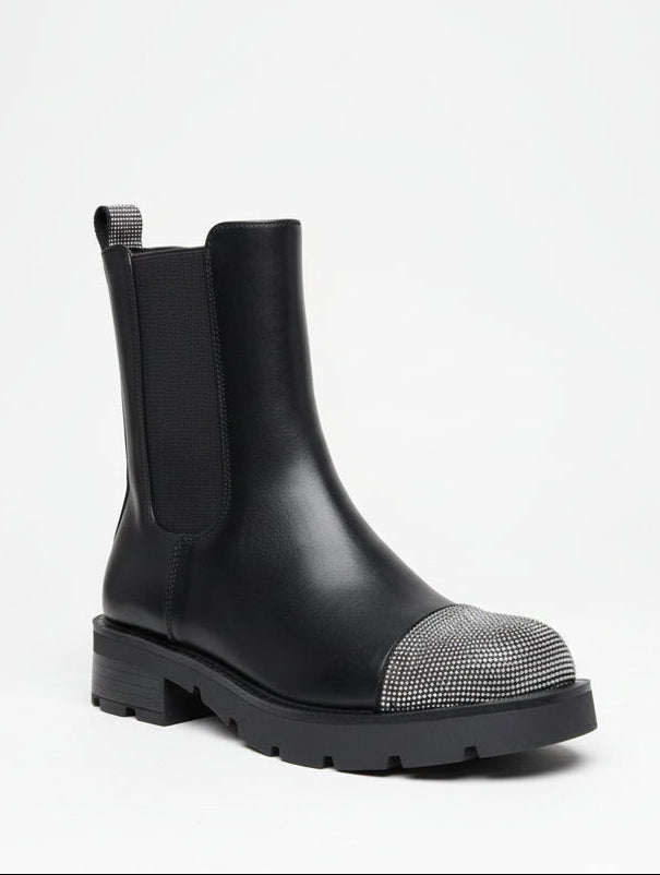 Women's Black Chunky Sole Chelsea Ankle Boots with Glitter Rhinestone Toe & Back Strip