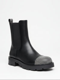 Women's Black Chunky Sole Chelsea Ankle Boots with Glitter Rhinestone Toe & Back Strip