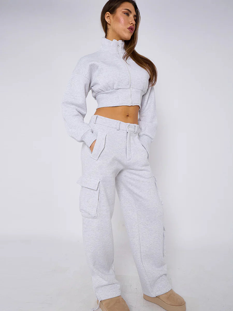 Women's Heather Grey Cropped Zip-Up & Cargo Pant Set