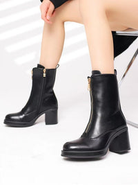 Women's Black Ankle Boots - Chunky Block Heel Platform with Gold Front Zipper