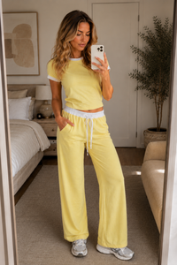 Yellow Contrast Trim Lounge Co-Ord Set Ribbed Crop Top & Wide Leg Trousers Casual Two Piece