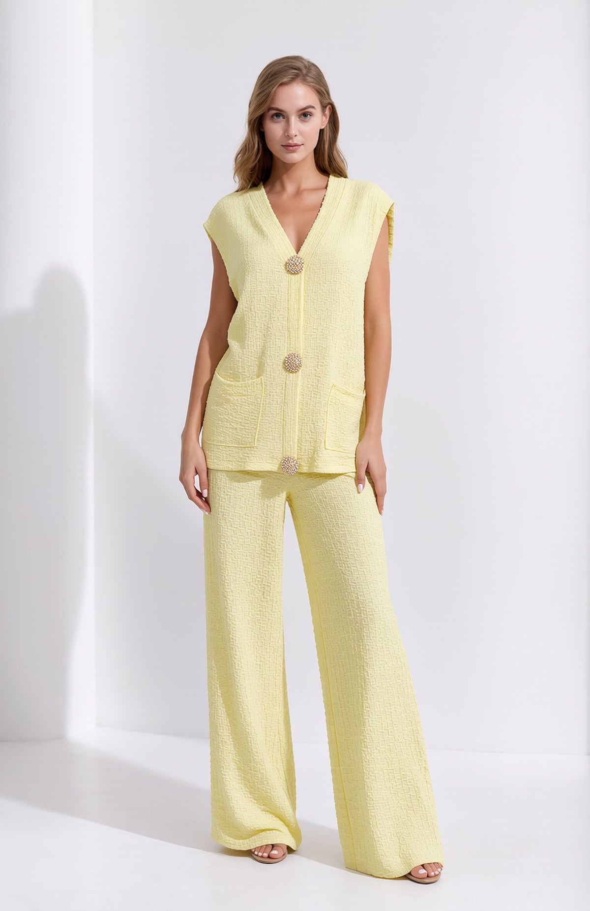 Yellow Crinkle Two Piece Set Gold Button Waistcoat & Wide Leg Trousers