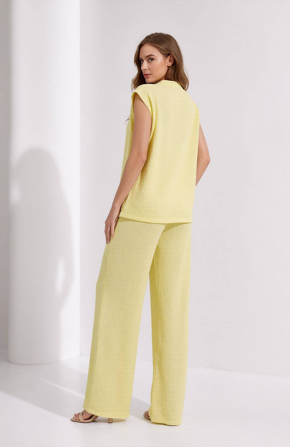 Yellow Crinkle Two Piece Set Gold Button Waistcoat & Wide Leg Trousers