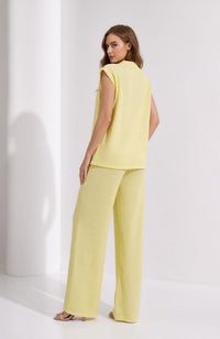 Yellow Crinkle Two Piece Set Gold Button Waistcoat & Wide Leg Trousers