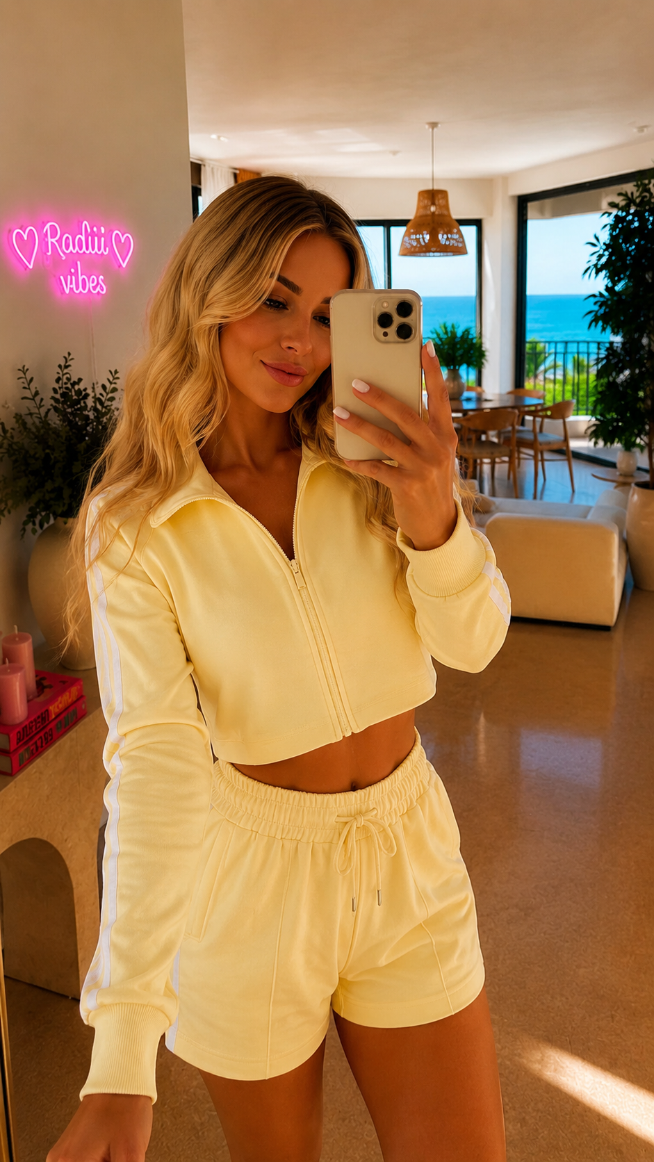 Yellow Double Stripe Zip-Up Sweatshirt & Shorts Co-Ord Lounge Set