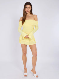 Yellow Off Shoulder Ruched Slinky Frill Mini Dress