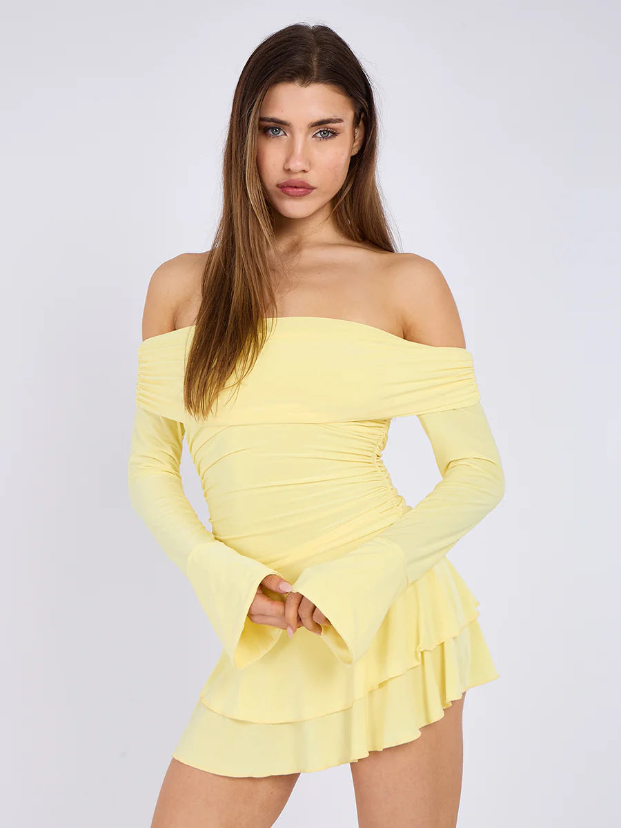 Yellow Off Shoulder Ruched Slinky Frill Mini Dress