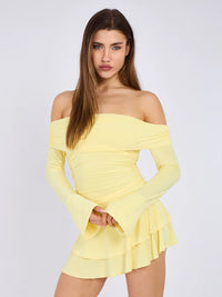 Yellow Off Shoulder Ruched Slinky Frill Mini Dress