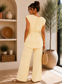 Yellow Pleated Wide Leg Co-Ord Set Lightweight Summer Two Piece Outfit