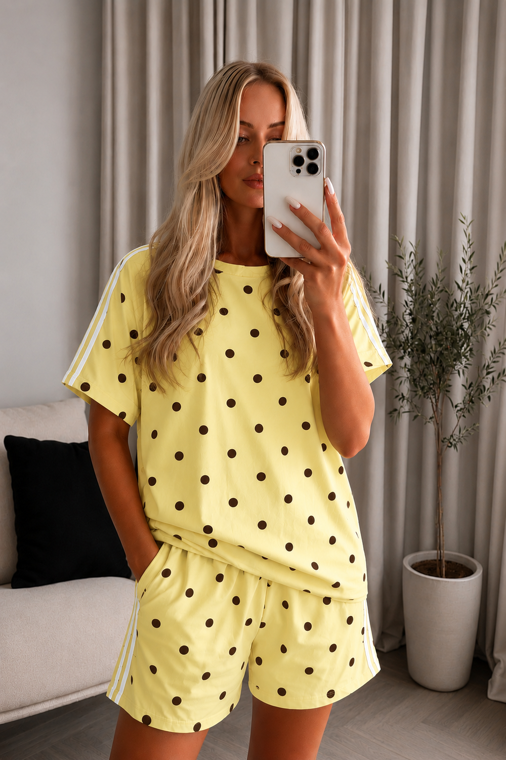 Yellow Polka Dot Side Stripe Top & Shorts Co-Ord Set