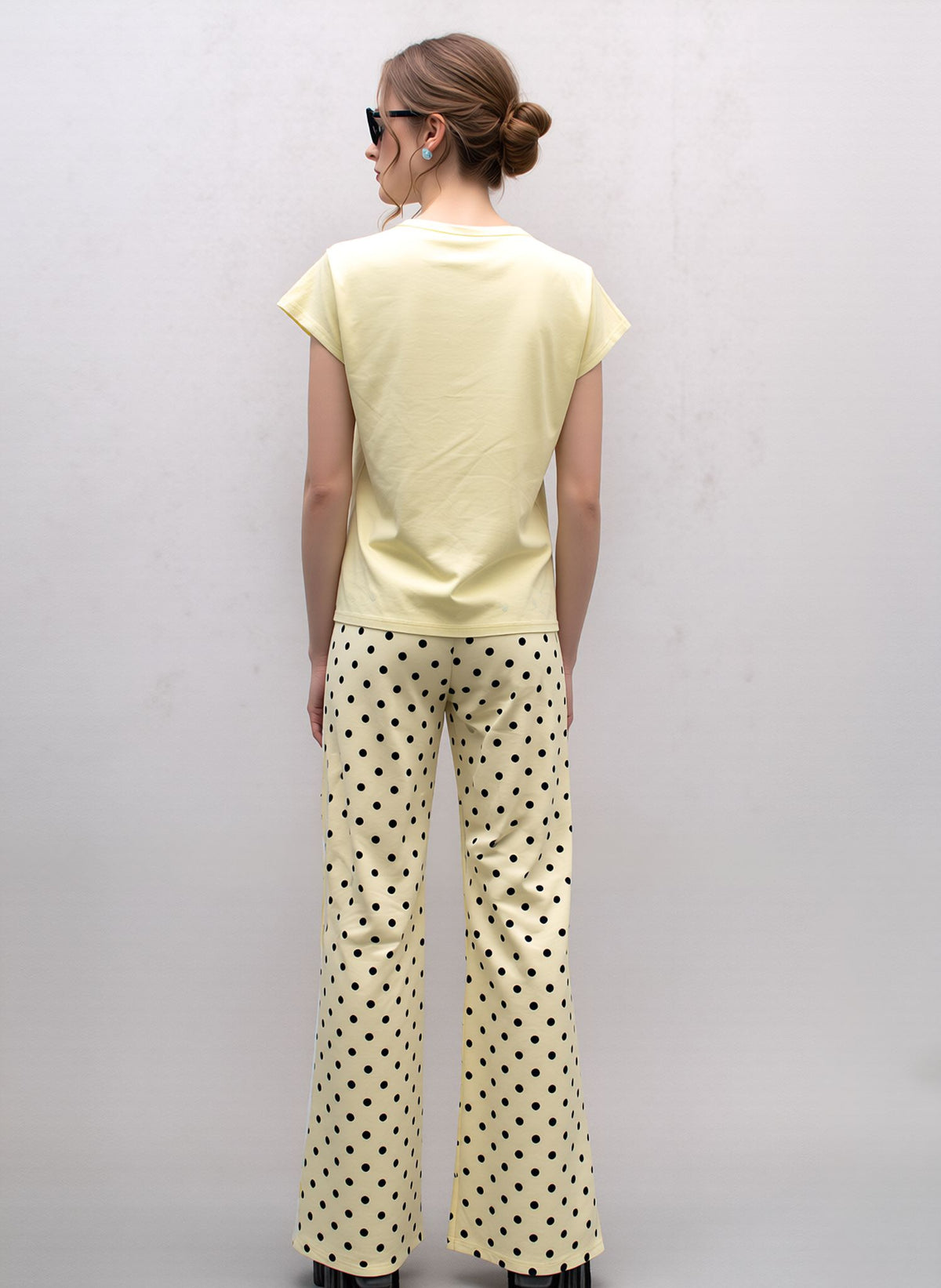 Yellow Polka Dot Wide Leg Palazzo Pants High Waist Relaxed Fit Side Stripe Trousers