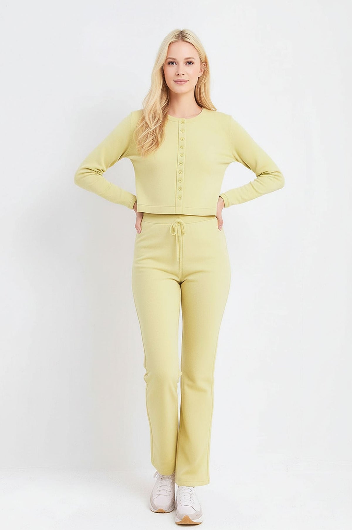 Yellow Ribbed Front Button Detail Top & Wide Leg Trouser Loungewear Co-ord