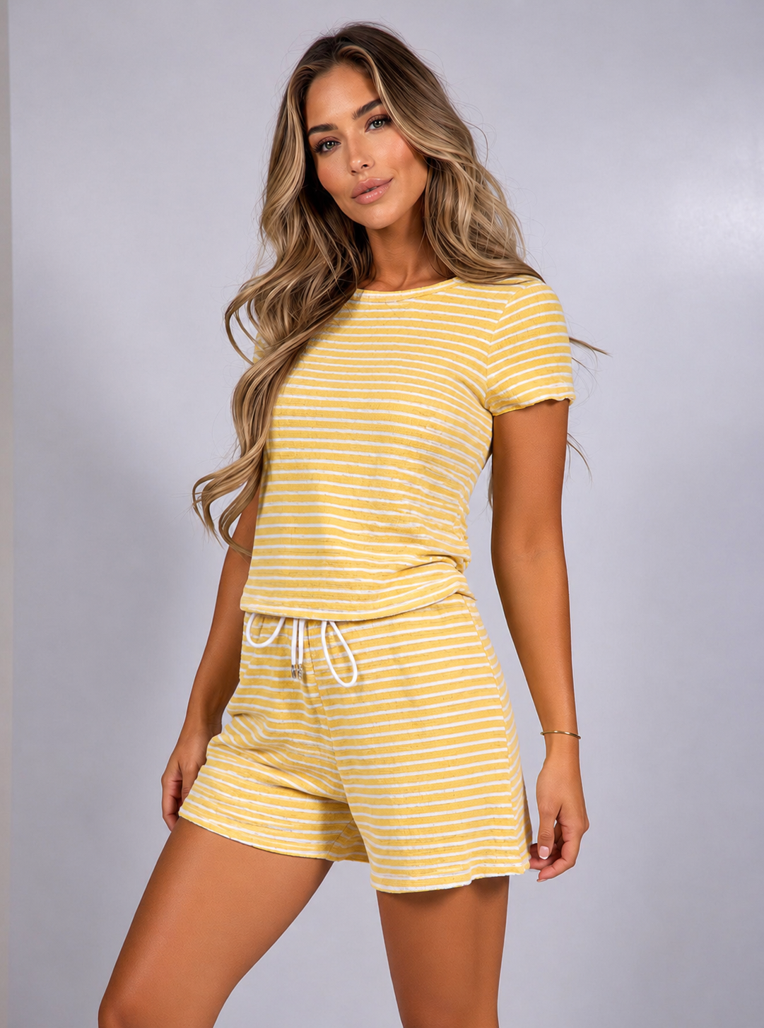 Yellow Striped Lounge Co-Ord Set Ribbed Crop Top & Drawstring Shorts Casual Outfit