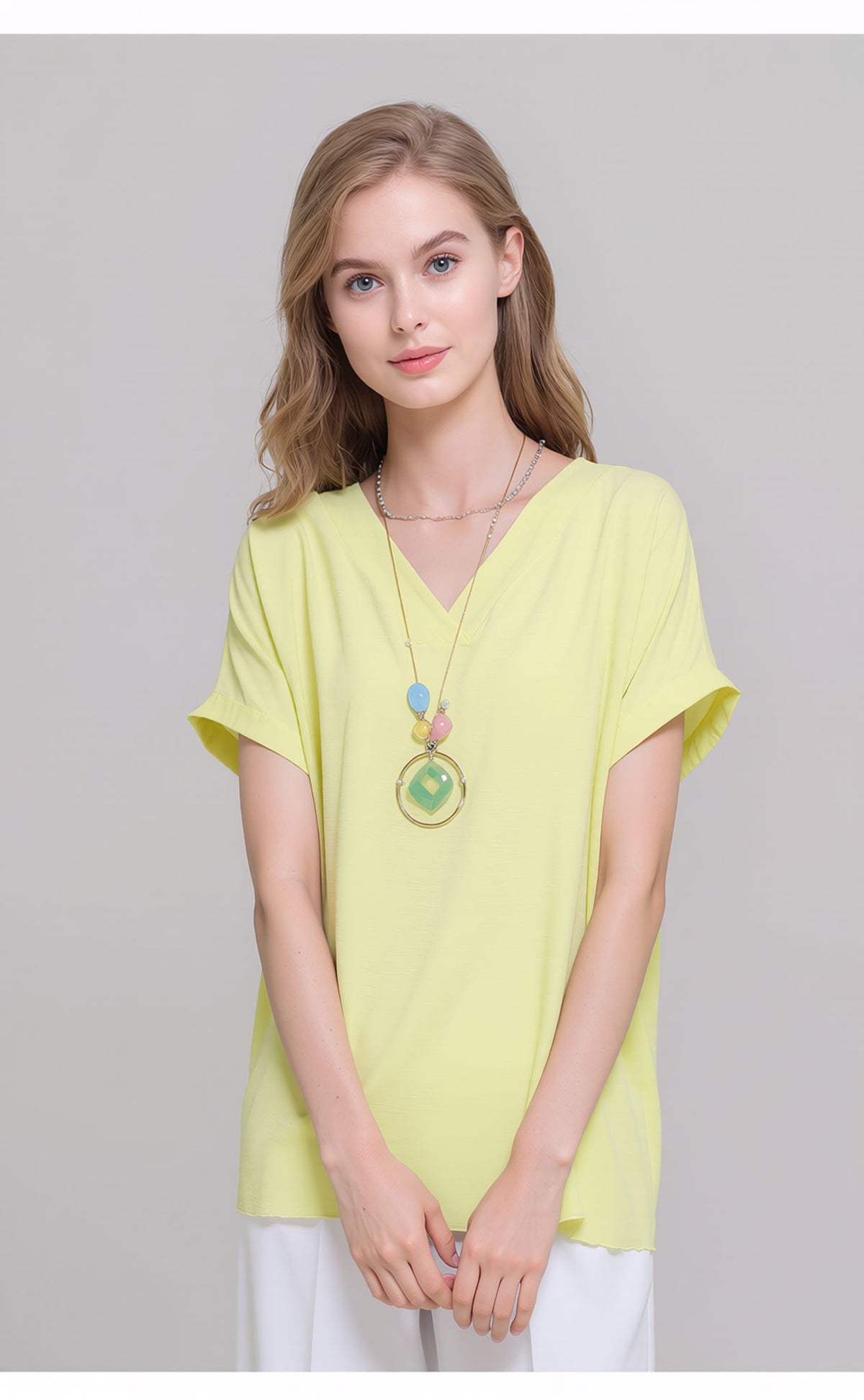 Yellow V-Neck Batwing Sleeve Textured Blouse Casual Loose Fit Top with Necklace