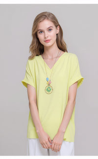 Yellow V-Neck Batwing Sleeve Textured Blouse Casual Loose Fit Top with Necklace