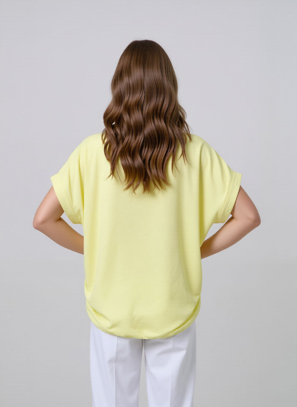 Yellow V-Neck Batwing Sleeve Textured Blouse Casual Loose Fit Top with Necklace