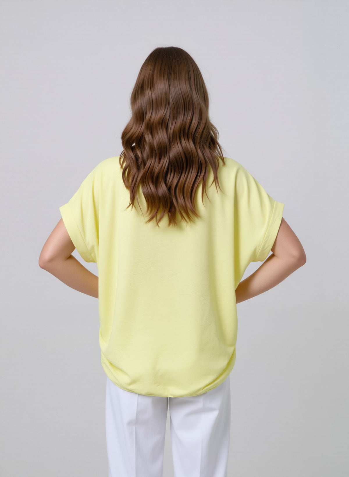 Yellow V-Neck Batwing Sleeve Textured Blouse Casual Loose Fit Top with Necklace