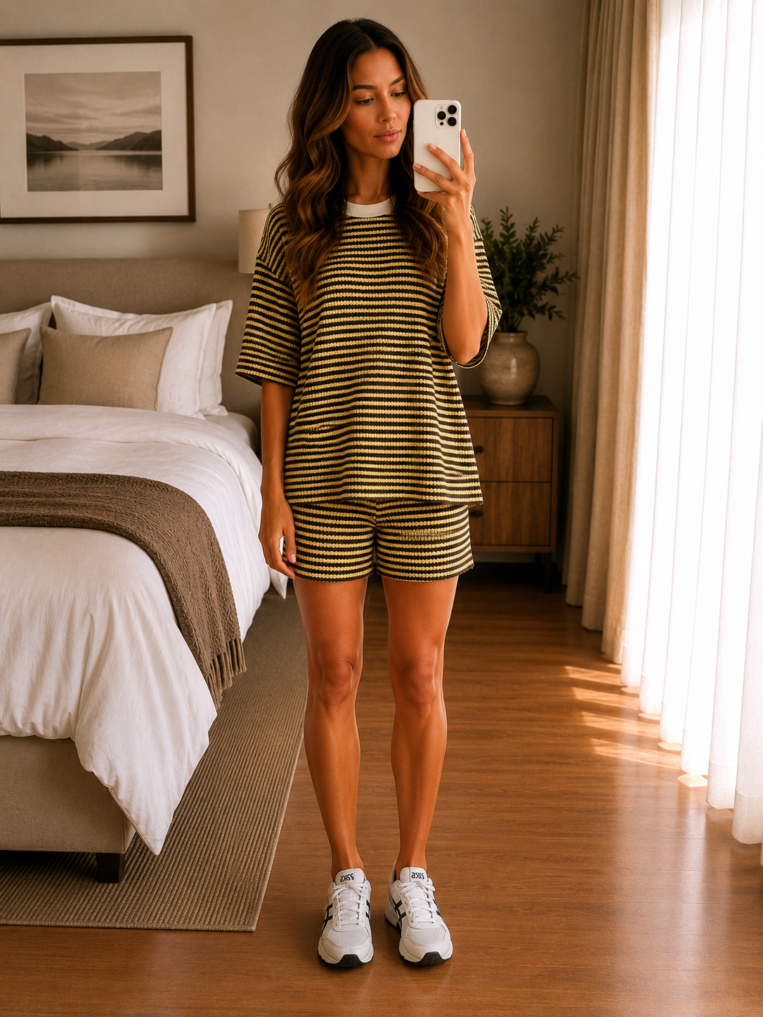 Yellow & Brown Striped Lounge Co-Ord Set Oversized T-Shirt & Drawstring Shorts Two Piece Outfit