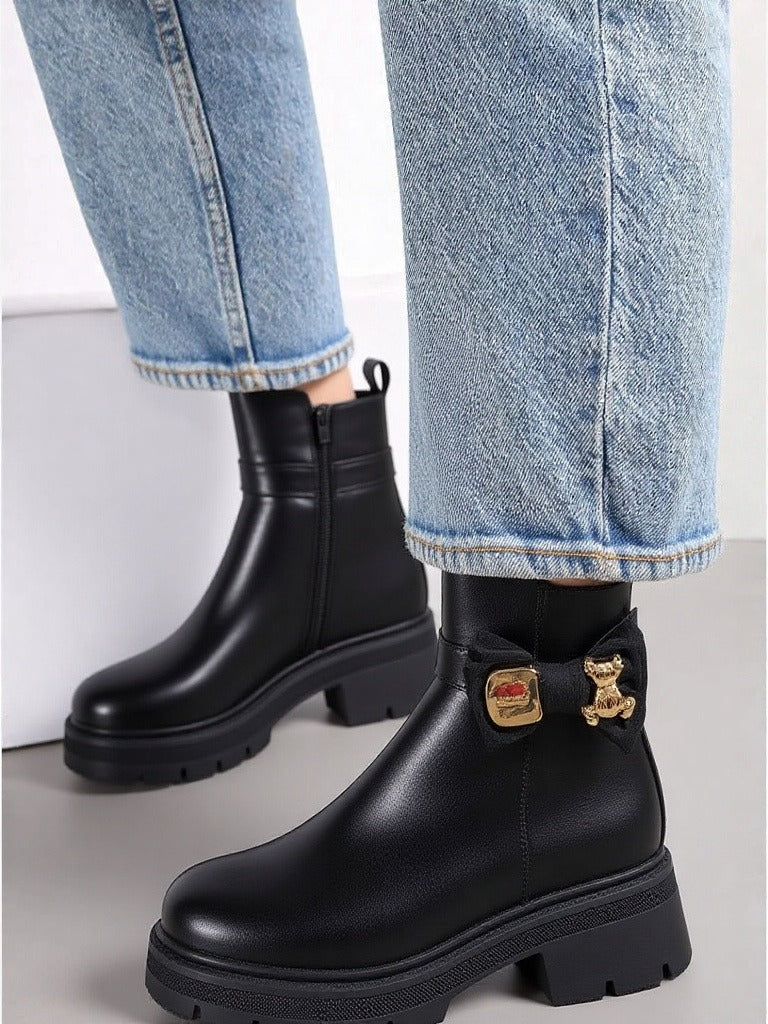 Black Chunky Ankle Boots with Teddy Bear Detail