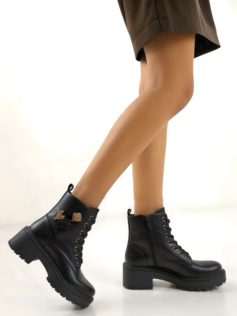 Black Ankle Boots: Lace-Up, Buckle Detail