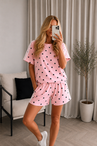 Women's Pink Polka Dot Co-ord Set | Two Piece Short Sleeve Top & Shorts with Sporty Black Stripes | Loungewear Pajama Set