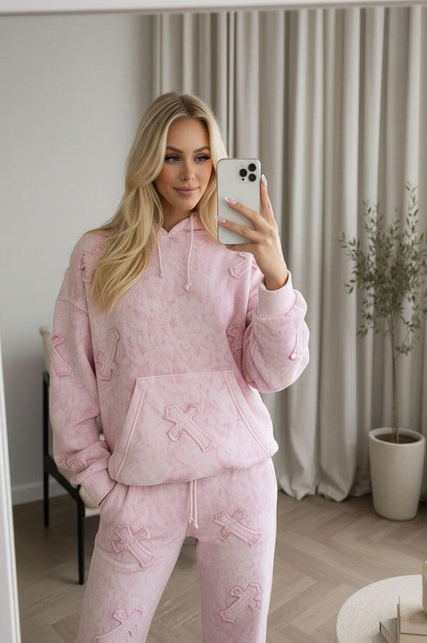 Pink Front & Back Cross Acid Wash Hooded Fleece Loungewear Co-ord Set